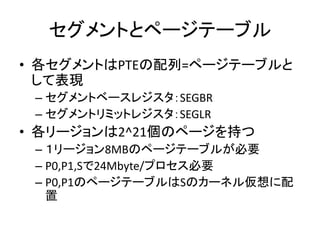 セグメントとページテーブル
• 各セグメントはPTEの配列=ページテーブルと
して表現
– セグメントベースレジスタ：SEGBR
– セグメントリミットレジスタ：SEGLR
• 各リージョンは2^21個のページを持つ
– １リージョン8MBのページテーブルが必要
– P0,P1,Sで24Mbyte/プロセス必要
– P0,P1のページテーブルはSのカーネル仮想に配
置
 