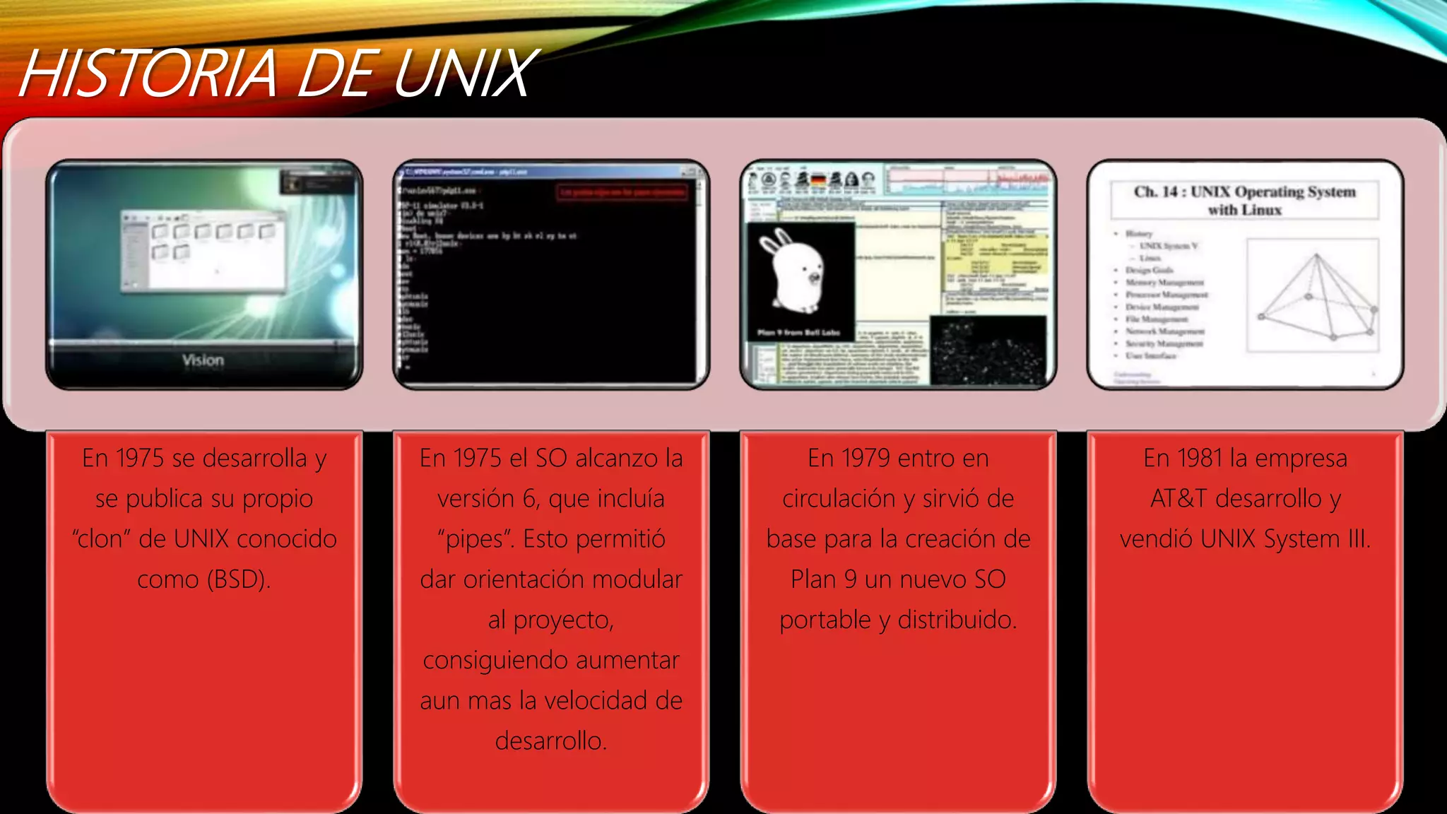 HISTORIA DE UNIX
En 1975 se desarrolla y
se publica su propio
“clon” de UNIX conocido
como (BSD).
En 1975 el SO alcanzo la
versión 6, que incluía
“pipes”. Esto permitió
dar orientación modular
al proyecto,
consiguiendo aumentar
aun mas la velocidad de
desarrollo.
En 1979 entro en
circulación y sirvió de
base para la creación de
Plan 9 un nuevo SO
portable y distribuido.
En 1981 la empresa
AT&T desarrollo y
vendió UNIX System III.
 