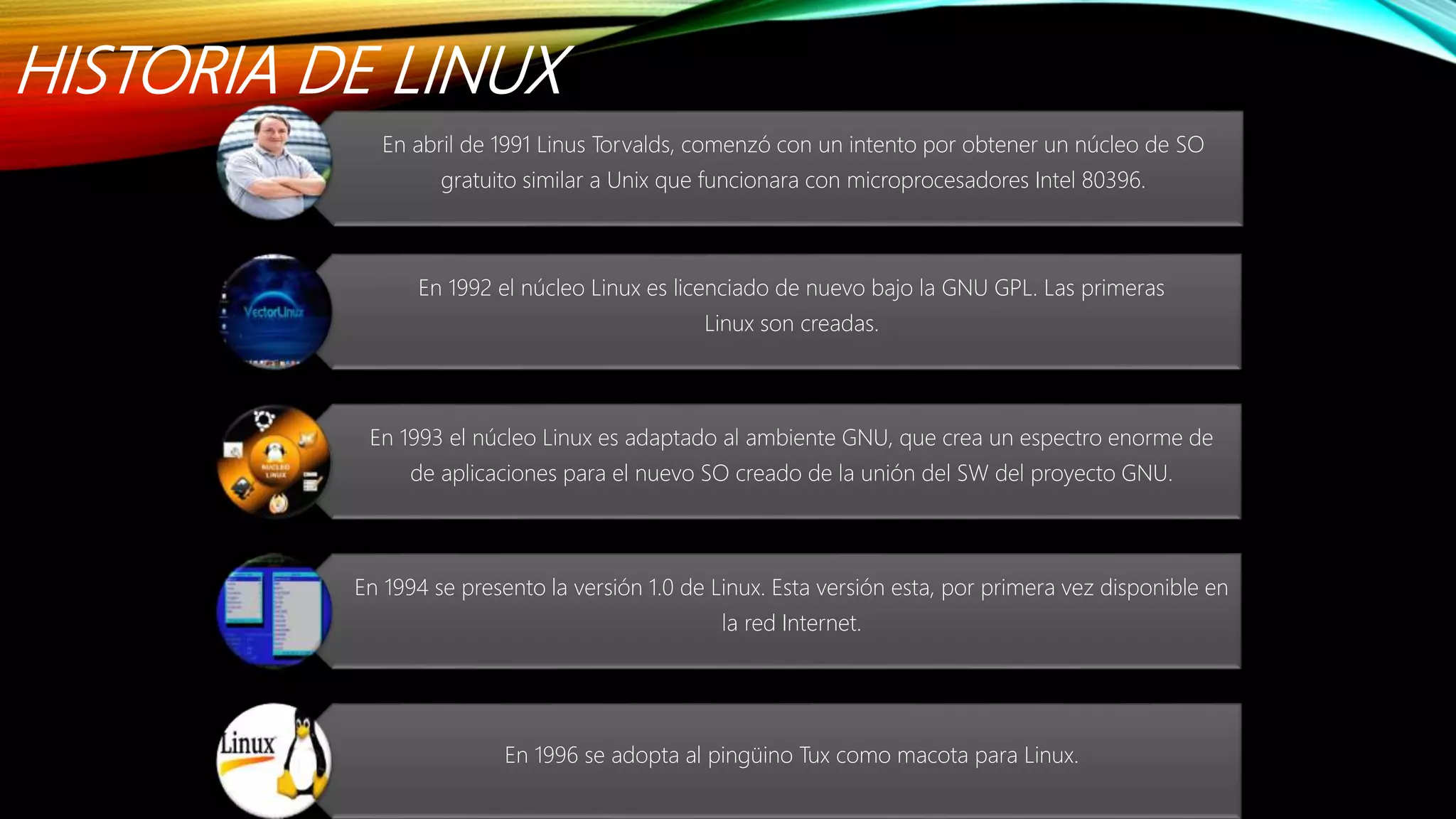 HISTORIA DE LINUX
En abril de 1991 Linus Torvalds, comenzó con un intento por obtener un núcleo de SO
gratuito similar a Unix que funcionara con microprocesadores Intel 80396.
En 1992 el núcleo Linux es licenciado de nuevo bajo la GNU GPL. Las primeras
Linux son creadas.
En 1993 el núcleo Linux es adaptado al ambiente GNU, que crea un espectro enorme de
de aplicaciones para el nuevo SO creado de la unión del SW del proyecto GNU.
En 1994 se presento la versión 1.0 de Linux. Esta versión esta, por primera vez disponible en
la red Internet.
En 1996 se adopta al pingüino Tux como macota para Linux.
 