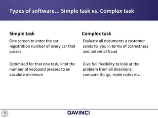 Types of software... Simple task vs. Complex task
Simple task
One screen to enter the car
registration number of every car that
passes.
Optimized for that one task, limit the
number of keyboard presses to an
absolute minimum
Complex task
Evaluate all documents a customer
sends to you in terms of correctness
and potential fraud
Give full flexibility to look at the
problem from all directions,
compare things, make notes etc.
 