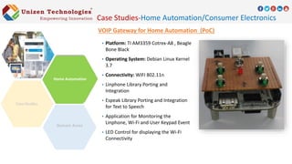 VOIP Gateway for Home Automation (PoC)
 Platform: TI AM3359 Cotrex-A8 , Beagle
Bone Black
 Operating System: Debian Linux Kernel
3.7
 Connectivity: WIFI 802.11n
 Linphone Library Porting and
Integration
 Espeak Library Porting and Integration
for Text to Speech
 Application for Monitoring the
Linphone, Wi-Fi and User Keypad Event
 LED Control for displaying the Wi-Fi
Connectivity
Case Studies-Home Automation/Consumer Electronics
Domain Areas
Home Automation
 