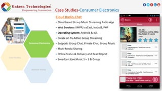 Cloud Radio-Chat
 Cloud based Group Music Streaming Radio App
 Web Services: XMPP, IceCast, NodeJS, PHP
 Operating System: Android & iOS
 Create on fly Adhoc Group Streaming
 Supports Group Chat, Private Chat, Group Music
 Multi-Media Sharing
 Online Status & Delivery and Read Report
 Broadcast Live Music 1 – 1 & Group
Domain Areas
Consumer Electronics
Case Studies-Consumer Electronics
 