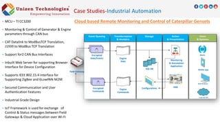 Cloud based Remote Monitoring and Control of Caterpillar Gensets MCU – TI CC3200
 Monitoring & Control of Generator & Engine
parameters through CAN bus
 CAT Datalink to ModBusTCP Translation,
J1939 to ModBus TCP Translation
 Support for2 CAN Bus Interfaces
 Inbuilt Web Server for supporting Browser
Interface for Device Configuration
 Supports IEEE 802.15.4 interface for
Supporting ZigBee and 6LowPAN M2M
 Secured Communication and User
Authentication Features
 Industrial Grade Design
 IoT Framework is used for exchange of
Control & Status messages between Field
Gateways & Cloud Application over Wi-Fi
Encrypted
Data/Events Engine
Data
SQL DB
Encrypted
Commands
Field Gateway
Monitoring
& Automation
Application
HMI
Mobile App
Web Browser
External API
Alerts
ConfigurationsEngine
Commands
Case Studies-Industrial Automation
 