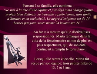 Pensant à sa famille, elle continua :  “ Je suis à la tête d’une équipe et j’ai déjà à ma charge quatre projets bien distincts. Je travaille à plein temps, sans limite d’horaire et en exclusivité. Le degré d’exigence est de 14 heures par jour, voire même 24 heures sur 24.”  Au fur et à mesure qu’elle décrivait ses responsabilités, Marta remarqua dans la voix de la fonctionnaire un ton de plus en plus respectueux, qui, de son côté, continuait à remplir le formulaire.  Lorsqu’elle rentra chez elle, Marta fut reçue par son équipe: trois petites filles de 13, 7 et 3 ans.  