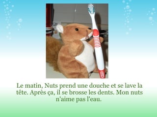 Le matin, Nuts prend une douche et se lave la tête. Après ça, il se brosse les dents. Mon nuts n'aime pas l'eau.  