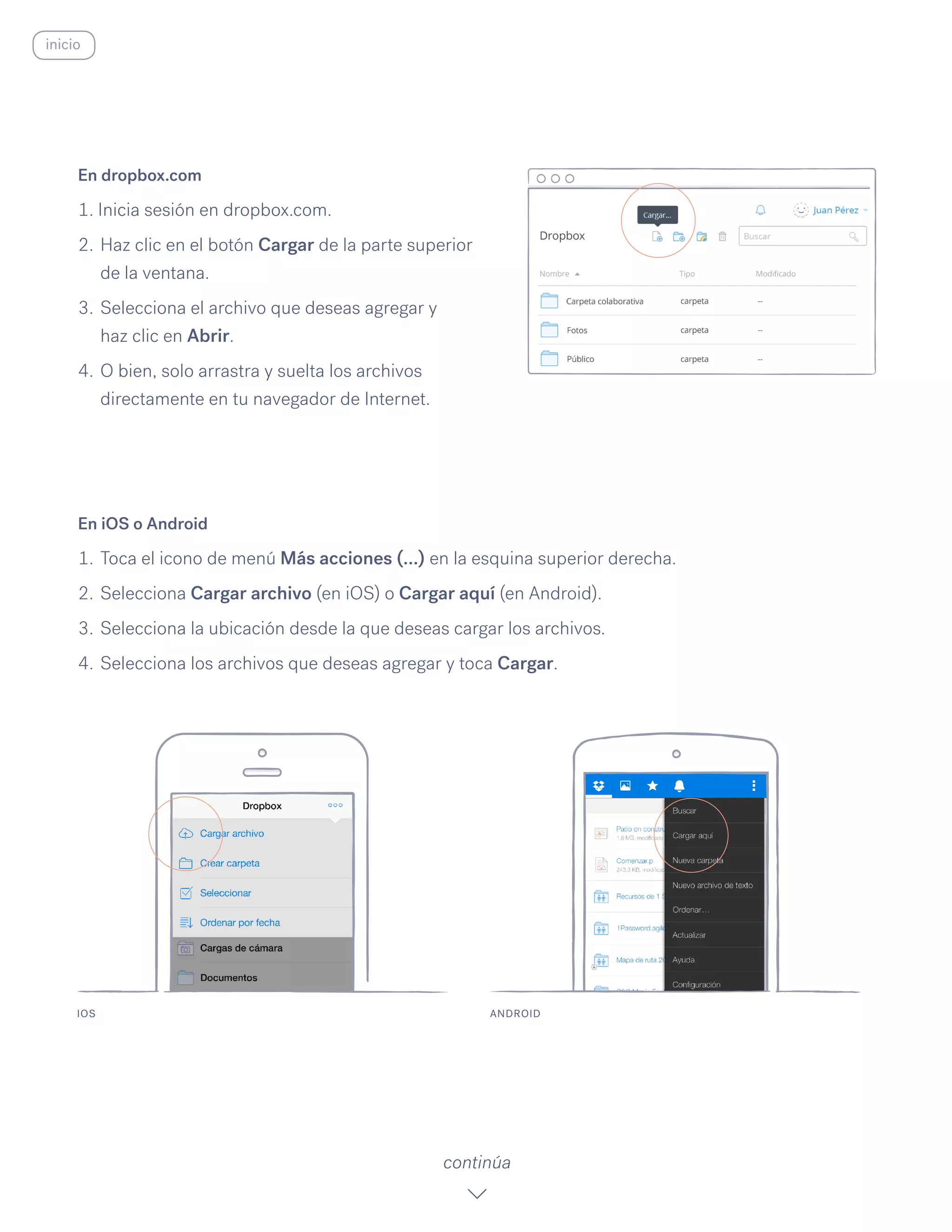En iOS o Android
1.	Toca el icono de menú Más acciones (…) en la esquina superior derecha.
2.	Selecciona Cargar archivo (en iOS) o Cargar aquí (en Android).
3.	Selecciona la ubicación desde la que deseas cargar los archivos.
4.	Selecciona los archivos que deseas agregar y toca Cargar.
IOS ANDROID
continúa
En dropbox.com
1. Inicia sesión en dropbox.com.
2.	Haz clic en el botón Cargar de la parte superior
de la ventana.
3.	Selecciona el archivo que deseas agregar y
haz clic en Abrir.
4.	O bien, solo arrastra y suelta los archivos
directamente en tu navegador de Internet.
inicio
 