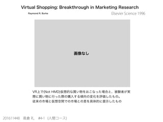 Virtual Shopping: Breakthrough in Marketing Research
Raymond R. Burke
VR上で(Not HMD)仮想的な買い物をおこなった場合と、被験者が実
際に買い物に行った際の購入する傾向の変化を評価したもの。
従来の市場と仮想空間での市場との差を具体的に提示したもの
201611448 高倉 礼 #4-1 (人間コース)
Elsevier Science 1996
画像なし
 