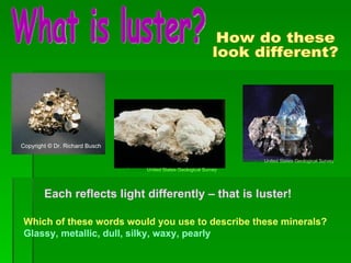 What is luster? Copyright © Dr. Richard Busch   How do these look different? Courtesy  United States Geological Survey   Courtesy  United States Geological Survey   Each reflects light differently – that is luster! Which of these words would you use to describe these minerals? Glassy, metallic, dull, silky, waxy, pearly 