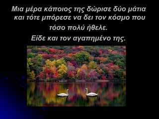 Μια μέρα κάποιος της δώρισε δύο μάτια
και τότε μπόρεσε να δει τον κόσμο που
           τόσο πολύ ήθελε.
     Είδε και τον αγαπημένο της.
 