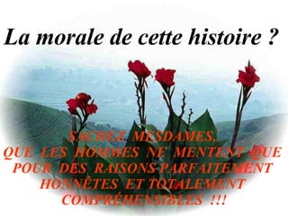 La morale de cette histoire ?   SACHEZ  MESDAMES,  QUE  LES  HOMMES  NE  MENTENT  QUE  POUR  DES  RAISONS PARFAITEMENT  HONNÊTES  ET TOTALEMENT  COMPRÉHENSIBLES  !!! 