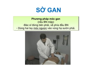 SỜ GAN
Phương pháp móc gan
(nếu BN mập)
-Bác sĩ đứng bên phải, về phía đầu BN
- Dùng hai tay móc ngược vào vùng hạ sườn phải.
Phương pháp móc gan
(nếu BN mập)
-Bác sĩ đứng bên phải, về phía đầu BN
- Dùng hai tay móc ngược vào vùng hạ sườn phải.
 