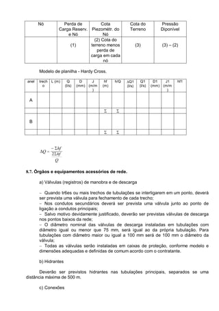 Nó Perda de
Carga Reserv.
e Nó
Cota
Piezométr. do
Nó
Cota do
Terreno
Pressão
Diponível
(1)
(2) Cota do
terreno menos
perda de
carga em cada
nó
(3) (3) – (2)
Modelo de planilha - Hardy Cross.
anel trech
o
L (m) Q
(l/s)
D
(mm)
J
(m/m
)
hf
(m)
h/Q ∆Q1
(l/s)
Q1
(l/s)
D1
(mm)
J1
(m/m
)
hf1
A
Σ Σ
B
Σ Σ
∆
Σ
Σ
Q
hf
hf
Q
=
−
2
8.7. Órgãos e equipamentos acessórios de rede.
a) Válvulas (registros) de manobra e de descarga
− Quando tr6es ou mais trechos de tubulações se interligarem em um ponto, deverá
ser prevista uma válvula para fechamento de cada trecho;
− Nos condutos secundários deverá ser prevista uma válvula junto ao ponto de
ligação a condutos principais;
− Salvo motivo devidamente justificado, deverão ser previstas válvulas de descarga
nos pontos baixos da rede;
− O diâmetro nominal das válvulas de descarga instaladas em tubulações com
diâmetro igual ou menor que 75 mm, será igual ao da própria tubulação. Para
tubulações com diâmetro maior ou igual a 100 mm será de 100 mm o diâmetro da
válvula;
− Todas as válvulas serão instaladas em caixas de proteção, conforme modelo e
dimensões adequadas e definidas de comum acordo com o contratante.
b) Hidrantes
Deverão ser previstos hidrantes nas tubulações principais, separados se uma
distância máxima de 500 m.
c) Conexões
 