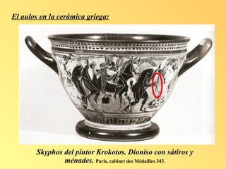 El aulos en la cerámica griega: Skyphos del pintor Krokotos. Dioniso con sátiros y ménades.  París, cabinet des Médailles 343. 