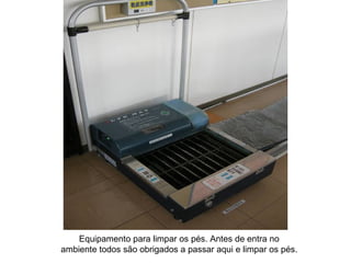 Equipamento para limpar os pés. Antes de entra no ambiente todos são obrigados a passar aqui e limpar os pés. 