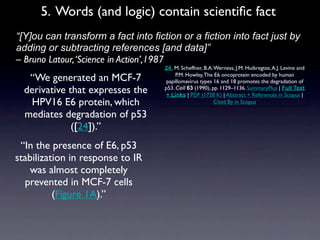 5. Words (and logic) contain scientiﬁc fact
• “[Y]ou can transform a fact into fiction or a fiction into fact just by
  adding or subtracting references [and data]”
  – Bruno Latour, ‘Science in Action’,1987
                                       24. M. Scheffner, B.A. Werness, J.M. Huibregtse, A.J. Levine and
     “We generated an MCF-7                 P.M. Howley, The E6 oncoprotein encoded by human
                                       papillomavirus types 16 and 18 promotes the degradation of
    derivative that expresses the      p53. Cell 63 (1990), pp. 1129–1136. SummaryPlus | Full Text
                                        + Links | PDF (1728 K) | Abstract + References in Scopus |
     HPV16 E6 protein, which                                  Cited By in Scopus

    mediates degradation of p53
                ([24]).”
  “In the presence of E6, p53
 stabilization in response to IR
    was almost completely
   prevented in MCF-7 cells
           (Figure 1A).”
 