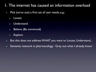 1. The internet has caused an information overload
- Pick (carve out) a ﬁrst set of user needs, e.g.:
  - Locate
  - Understand
  - Believe (Be convinced)
  - Explore
- But this does not address WHAT you want to Locate, Understand, ..
- Semantic network in pharmacology: ‘Grey out what I already know’
 