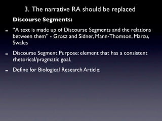 3. The narrative RA should be replaced
    Discourse Segments:

-   “A text is made up of Discourse Segments and the relations
    between them” - Grosz and Sidner, Mann-Thomson, Marcu,
    Swales

-   Discourse Segment Purpose: element that has a consistent
    rhetorical/pragmatic goal.

-   Deﬁne for Biological Research Article:
 