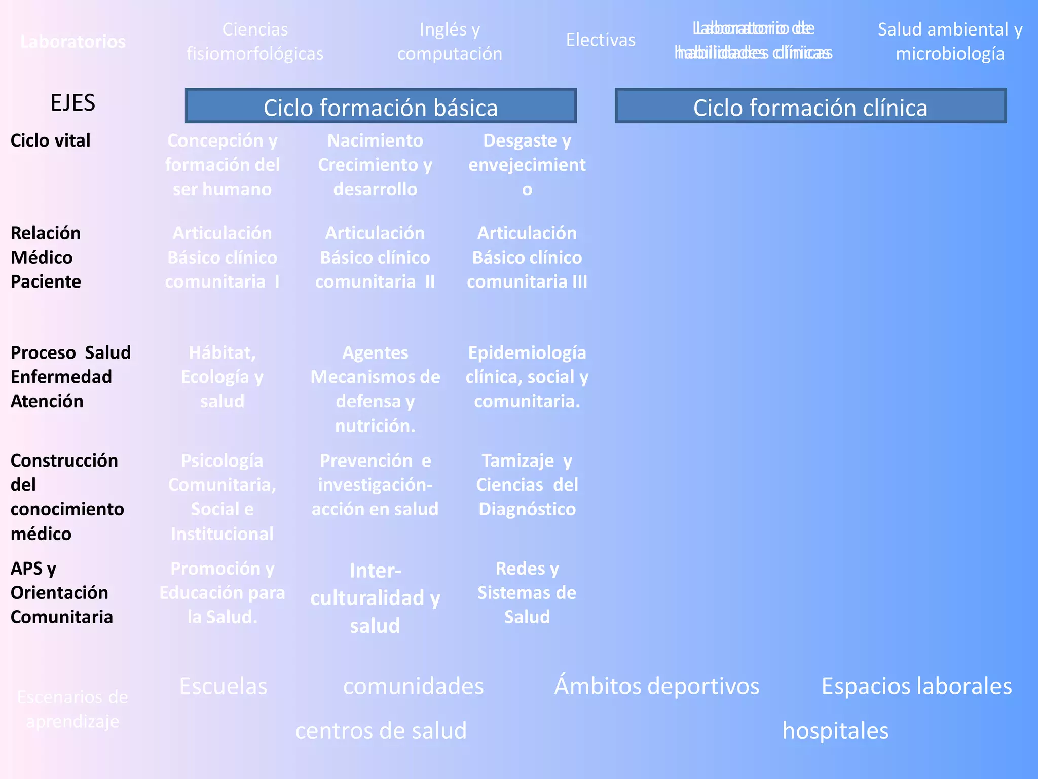 Ciencias               Inglés y                         Laboratorio de
                                                                               Laboratorio de       Salud ambiental y
 Laboratorios                                                    Electivas
                  fisiomorfológicas         computación                      habilidades clínicas
                                                                             habilidades clínicas     microbiología

     EJES                  Ciclo formación básica                              Ciclo formación clínica
Ciclo vital     Concepción y        Nacimiento       Desgaste y
                formación del      Crecimiento y    envejecimient
                 ser humano          desarrollo           o

Relación         Articulación      Articulación      Articulación
Médico          Básico clínico     Básico clínico    Básico clínico
Paciente        comunitaria I     comunitaria II    comunitaria III


Proceso Salud      Hábitat,          Agentes        Epidemiología
Enfermedad        Ecología y      Mecanismos de     clínica, social y
Atención            salud           defensa y        comunitaria.
                                    nutrición.
Construcción     Psicología        Prevención e       Tamizaje y
del             Comunitaria,       investigación-    Ciencias del
conocimiento       Social e       acción en salud    Diagnóstico
médico          Institucional
APS y            Promoción y          Inter-           Redes y
Orientación     Educación para    culturalidad y     Sistemas de
Comunitaria        la Salud.          salud              Salud


Escenarios de     Escuelas            comunidades               Ámbitos deportivos             Espacios laborales
 aprendizaje
                                 centros de salud                                         hospitales
 