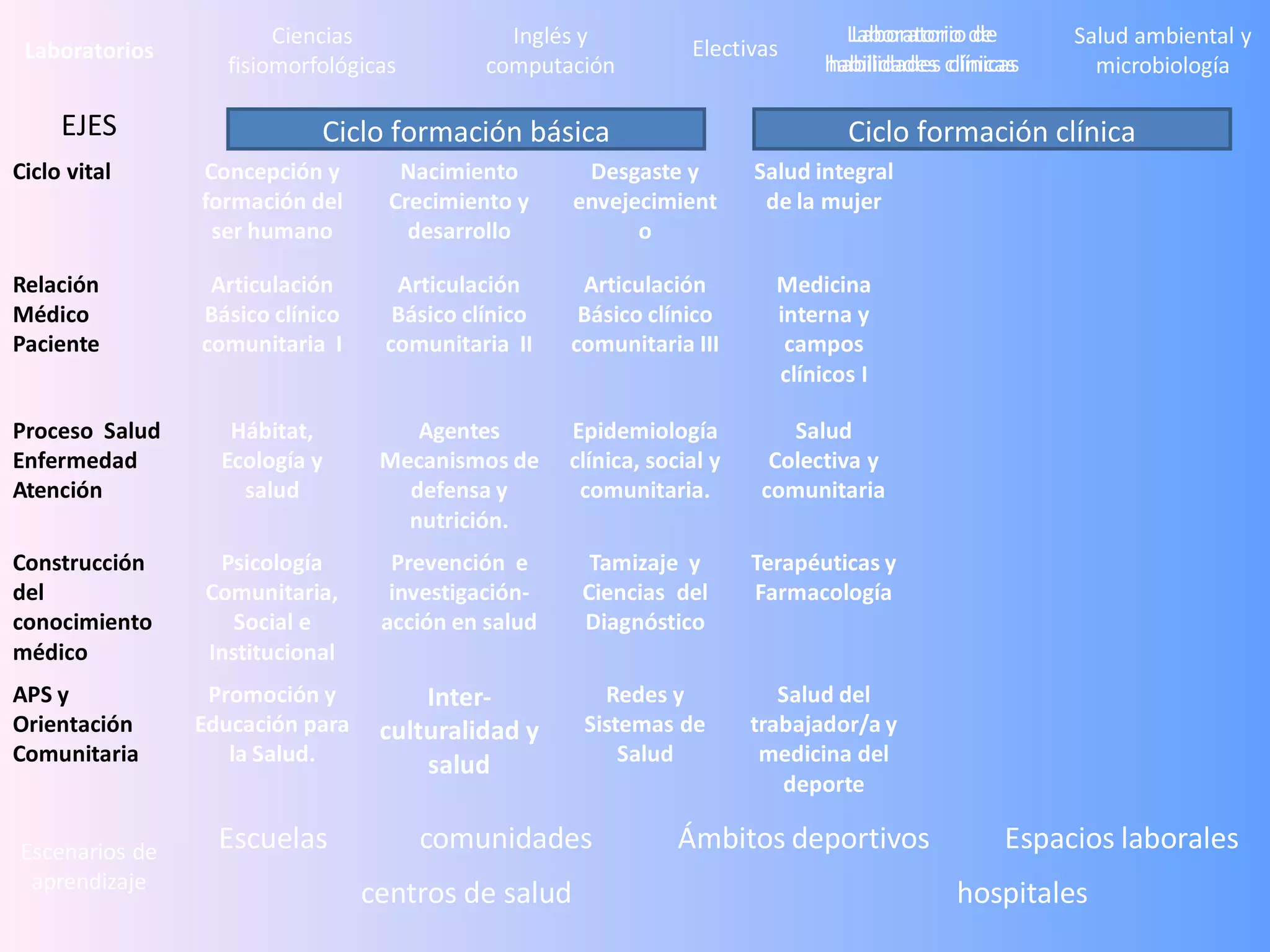 Ciencias               Inglés y                           Laboratorio de
                                                                                 Laboratorio de       Salud ambiental y
 Laboratorios                                                    Electivas
                  fisiomorfológicas         computación                        habilidades clínicas
                                                                               habilidades clínicas     microbiología

     EJES                  Ciclo formación básica                                Ciclo formación clínica
Ciclo vital     Concepción y        Nacimiento       Desgaste y         Salud integral
                formación del      Crecimiento y    envejecimient        de la mujer
                 ser humano          desarrollo           o

Relación         Articulación      Articulación      Articulación         Medicina
Médico          Básico clínico     Básico clínico    Básico clínico       interna y
Paciente        comunitaria I     comunitaria II    comunitaria III        campos
                                                                          clínicos I

Proceso Salud      Hábitat,          Agentes        Epidemiología           Salud
Enfermedad        Ecología y      Mecanismos de     clínica, social y     Colectiva y
Atención            salud           defensa y        comunitaria.        comunitaria
                                    nutrición.
Construcción     Psicología        Prevención e       Tamizaje y        Terapéuticas y
del             Comunitaria,       investigación-    Ciencias del       Farmacología
conocimiento       Social e       acción en salud    Diagnóstico
médico          Institucional
APS y            Promoción y          Inter-           Redes y             Salud del
Orientación     Educación para    culturalidad y     Sistemas de        trabajador/a y
Comunitaria        la Salud.          salud              Salud           medicina del
                                                                           deporte

Escenarios de     Escuelas            comunidades               Ámbitos deportivos               Espacios laborales
 aprendizaje
                                 centros de salud                                           hospitales
 