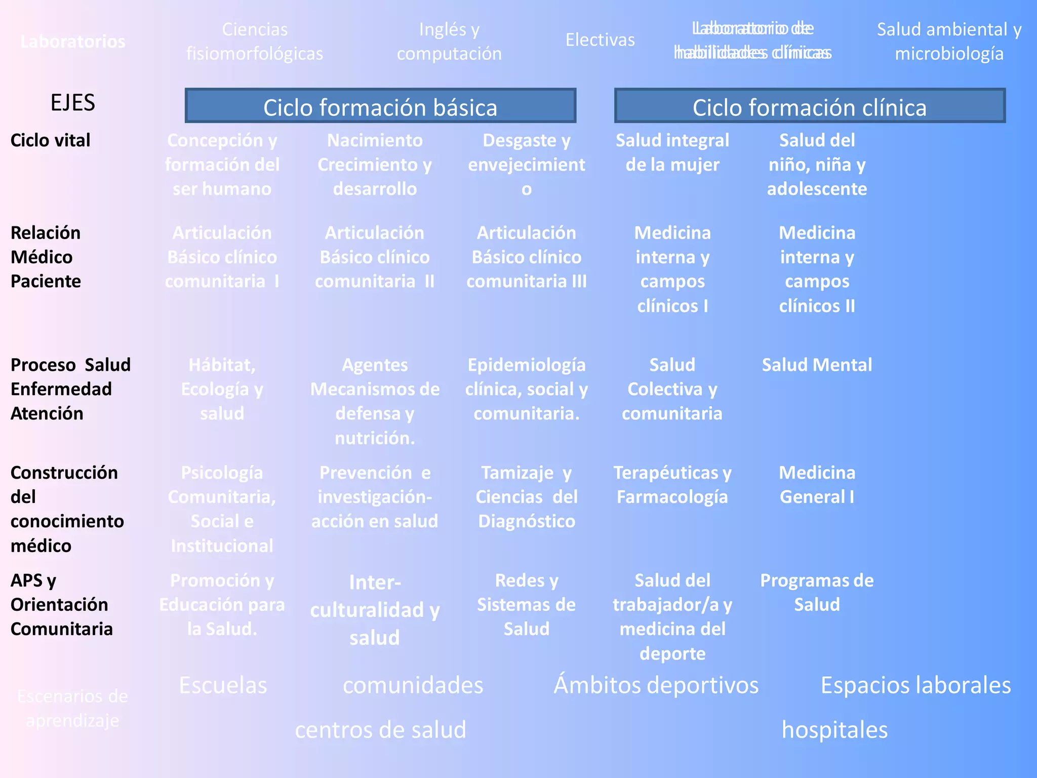 Ciencias               Inglés y                           Laboratorio de
                                                                                 Laboratorio de           Salud ambiental y
 Laboratorios                                                    Electivas
                  fisiomorfológicas         computación                        habilidades clínicas
                                                                               habilidades clínicas         microbiología

     EJES                  Ciclo formación básica                                Ciclo formación clínica
Ciclo vital     Concepción y        Nacimiento       Desgaste y         Salud integral     Salud del
                formación del      Crecimiento y    envejecimient        de la mujer      niño, niña y
                 ser humano          desarrollo           o                               adolescente

Relación         Articulación      Articulación      Articulación         Medicina          Medicina
Médico          Básico clínico     Básico clínico    Básico clínico       interna y         interna y
Paciente        comunitaria I     comunitaria II    comunitaria III        campos            campos
                                                                          clínicos I        clínicos II

Proceso Salud      Hábitat,          Agentes        Epidemiología           Salud         Salud Mental
Enfermedad        Ecología y      Mecanismos de     clínica, social y     Colectiva y
Atención            salud           defensa y        comunitaria.        comunitaria
                                    nutrición.
Construcción     Psicología        Prevención e       Tamizaje y        Terapéuticas y      Medicina
del             Comunitaria,       investigación-    Ciencias del       Farmacología        General I
conocimiento       Social e       acción en salud    Diagnóstico
médico          Institucional
APS y            Promoción y          Inter-           Redes y             Salud del     Programas de
Orientación     Educación para    culturalidad y     Sistemas de        trabajador/a y       Salud
Comunitaria        la Salud.          salud              Salud           medicina del
                                                                           deporte

Escenarios de     Escuelas            comunidades               Ámbitos deportivos               Espacios laborales
 aprendizaje
                                 centros de salud                                           hospitales
 