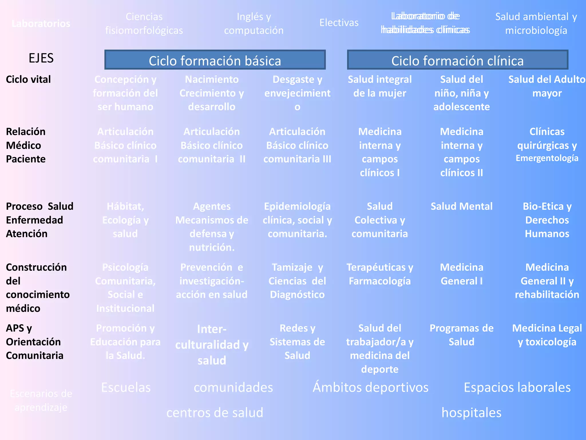Ciencias               Inglés y                           Laboratorio de
                                                                                 Laboratorio de           Salud ambiental y
 Laboratorios                                                    Electivas
                  fisiomorfológicas         computación                        habilidades clínicas
                                                                               habilidades clínicas         microbiología

     EJES                   Ciclo formación básica                               Ciclo formación clínica
Ciclo vital     Concepción y        Nacimiento       Desgaste y         Salud integral     Salud del        Salud del Adulto
                formación del      Crecimiento y    envejecimient        de la mujer      niño, niña y           mayor
                 ser humano          desarrollo           o                               adolescente

Relación         Articulación      Articulación      Articulación         Medicina          Medicina            Clínicas
Médico          Básico clínico     Básico clínico    Básico clínico       interna y         interna y         quirúrgicas y
Paciente        comunitaria I     comunitaria II    comunitaria III        campos            campos           Emergentología
                                                                          clínicos I        clínicos II

Proceso Salud      Hábitat,          Agentes        Epidemiología           Salud         Salud Mental         Bio-Etica y
Enfermedad        Ecología y      Mecanismos de     clínica, social y     Colectiva y                          Derechos
Atención            salud           defensa y        comunitaria.        comunitaria                           Humanos
                                    nutrición.
Construcción     Psicología        Prevención e       Tamizaje y        Terapéuticas y      Medicina            Medicina
del             Comunitaria,       investigación-    Ciencias del       Farmacología        General I          General II y
conocimiento       Social e       acción en salud    Diagnóstico                                              rehabilitación
médico          Institucional
APS y            Promoción y          Inter-           Redes y             Salud del     Programas de        Medicina Legal
Orientación     Educación para    culturalidad y     Sistemas de        trabajador/a y       Salud            y toxicología
Comunitaria        la Salud.          salud              Salud           medicina del
                                                                           deporte

Escenarios de     Escuelas            comunidades               Ámbitos deportivos               Espacios laborales
 aprendizaje
                                 centros de salud                                           hospitales
 