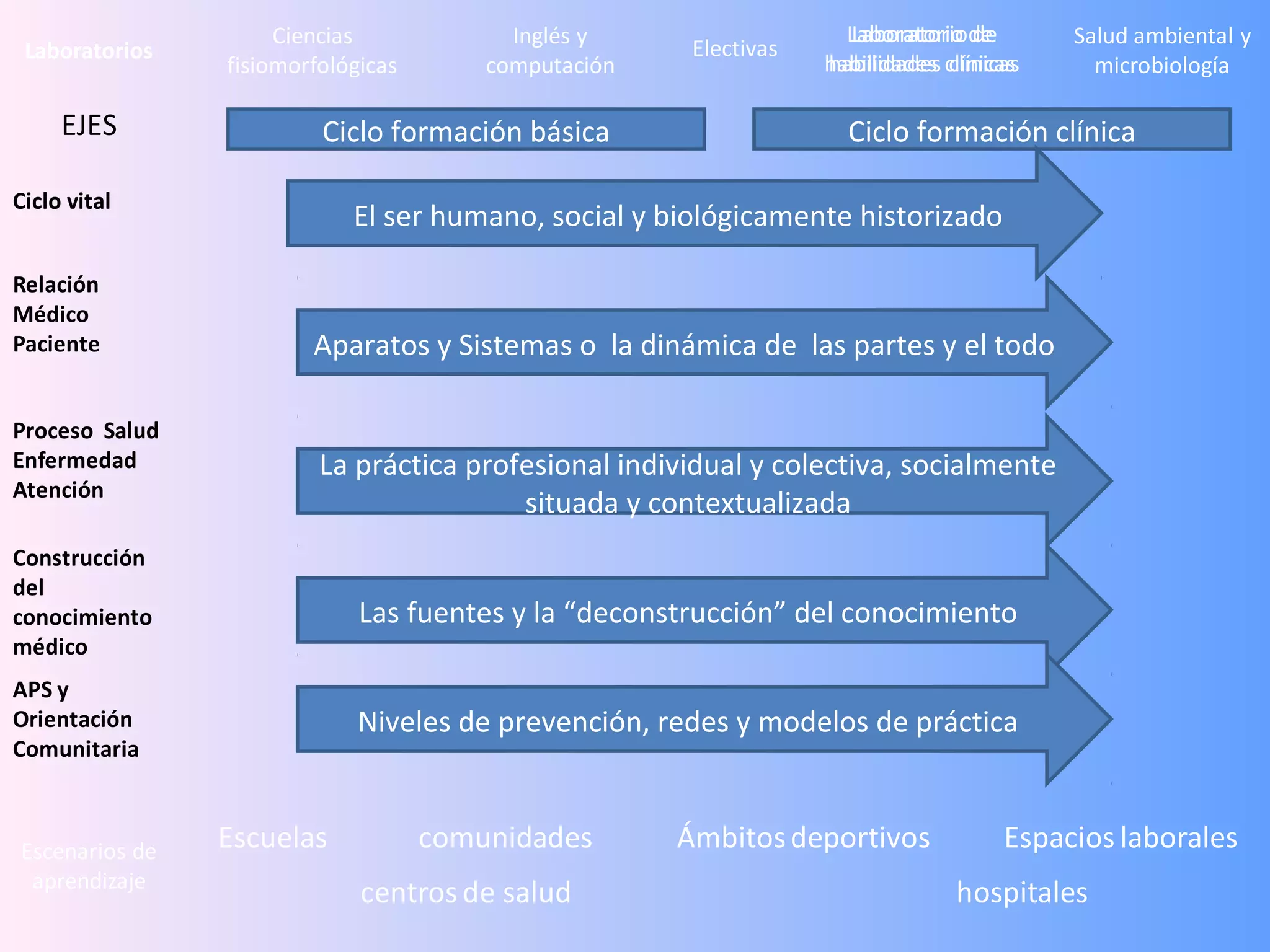 Ciencias             Inglés y                   Laboratorio de
                                                                     Laboratorio de       Salud ambiental y
 Laboratorios                                          Electivas
                fisiomorfológicas       computación                habilidades clínicas
                                                                   habilidades clínicas     microbiología

     EJES                Ciclo formación básica                      Ciclo formación clínica

Ciclo vital
                            El ser humano, social y biológicamente historizado

Relación
Médico
Paciente                Aparatos y Sistemas o la dinámica de las partes y el todo

Proceso Salud
Enfermedad               La práctica profesional individual y colectiva, socialmente
Atención
                                         situada y contextualizada
Construcción
del
conocimiento                 Las fuentes y la “deconstrucción” del conocimiento
médico
APS y
Orientación                  Niveles de prevención, redes y modelos de práctica
Comunitaria



Escenarios de   Escuelas            comunidades       Ámbitos deportivos             Espacios laborales
 aprendizaje
                             centros de salud                                   hospitales
 