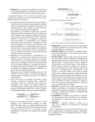 3
Poblaci´on: A un conjunto de individuos (Cromosomas)
se le denomina poblaci´on. El m´etodo de AGs consiste en
ir obteniendo de forma sucesiva distintas poblaciones.
Operadores Gen´eticos: Son los diferentes m´etodos u ope-
raciones que se pueden ejercer sobre una poblaci´on y que nos
permiten poblaciones nuevas[2]:
Selecci´on: El proceso de selecci´on sirve para escoger a
los individuos de la poblaci´on mejor adaptados, para que
act´uen de progenitores de la siguiente generaci´on. En la
naturaleza existen varios factores que intervienen para
que un individuo pueda tener descendencia.
Sin embargo, en la realidad es posible que “el mejor”
individuo no pueda reproducirse, pero otro individuo de
“peor calidad” pueda conseguirlo. Aunque este hecho es
menos probable, sigue siendo posible. En los algoritmos
gen´eticos, la selecci´on es un conjunto de reglas que
sirven para elegir a los progenitores de la siguiente
generaci´on. Estos progenitores se reproducir´an y gene-
rar´an descendencia. Un sistema muy utilizado en los
algoritmos gen´eticos es la selecci´on por torneo. Este sis-
tema consiste en escoger aleatoriamente de la poblaci´on
un cierto n´umero de individuos. De esos individuos se
escoge el mejor de todos para ser el padre. Para escoger
la madre se repite el proceso[5].
Reproducci´on: En este contexto, se entender´a por “re-
producci´on” la clonaci´on de un individuo. Es decir, un
individuo pasar´a a la siguiente generaci´on sin modiﬁ-
caci´on. De esta manera, la reproducci´on es un operador
gen´etico que se contrapone al cruce y la mutaci´on, puesto
que estos ´ultimos modiﬁcan los individuos que pasan a
la siguiente generaci´on. El objetivo de la reproducci´on
es mantener en la siguiente generaci´on a individuos con
ﬁtness alta de la presente generaci´on.
Relacionado con el concepto de reproducci´on est´a el de
“elitismo”, el cual mantiene a los mejores individuos de
una generaci´on a la siguiente, para que no se pierda su
informaci´on[5].
Cruce: Se trata de un operador cuya labor es elegir
un lugar, y cambiar las secuencias antes y despu´es de
esa posici´on entre dos cromosomas, para crear nueva
descendencia (por ejemplo, las cadenas 10010011 y
11111010 pueden cruzarse despu´es del tercer lugar para
producir la descendencia 10011010 y 11110011). Imita la
recombinaci´on biol´ogica entre dos organismos haploides.
Fig 2: Cruce
Mutaci´on: Este operador produce variaciones de modo
aleatorio en un cromosoma (por ejemplo, la cadena
00011100 puede mutar su segunda posici´on para dar
lugar a la cadena 01011100). La mutaci´on puede darse
en cada posici´on de un bit en una cadena, con una
probabilidad, normalmente muy peque˜na (por ejemplo
0.001)[2].
Fig 3: Mutaci´on
Estructura de Algoritmos Gen´eticos:
Fig 4: Estructura General de Algoritmos Gen´eticos
Codiﬁcaci´on: los elementos caracter´ısticos del problema
se pueden representar de tal forma que resulte sencilla
su implementaci´on y comprensi´on.
Poblaci´on inicial: para constituir la poblaci´on inicial,
que ser´a la poblaci´on base de las sucesivas generaciones,
existen varios m´etodos.
Funci´on Fitness: asigna a cada cromosoma un n´umero
real, que reﬂeja el nivel de adaptaci´on al problema del
individuo representado por el cromosoma. La funci´on de
aptitud (ﬁtness) es la que permite valorar la aptitud de
los individuos y debe tomar siempre valores positivos.
Ambas funciones suelen ser iguales, pero puede ser
que la funci´on objetivo sea muy compleja, tome valores
negativos, o no proporcione un valor num´erico y, por
lo tanto, sea necesario deﬁnir una funci´on de aptitud
diferente. En un algoritmo gen´etico la informaci´on ha de
codiﬁcarse para poder trabajar adecuadamente con ella.
C´omo hemos visto, existen numerosos sistemas de codiﬁ-
caci´on, aunque nosotros utilizaremos la codiﬁcaci´on real.
Una vez deﬁnido el sistema de codiﬁcaci´on a emplear se
ver´a c´omo act´uan los operadores b´asicos de selecci´on,
cruce y mutaci´on sobre este c´odigo.
Selecci´on: es el proceso por el cual se eligen una o varias
parejas de individuos de la poblaci´on inicial para que
desempe˜nen el papel de progenitores, cruz´andose poste-
riormente y obteniendo descendencia o permaneciendo
en la siguiente generaci´on.
Cruzamiento: el operador cruce permite el intercam-
bio de informaci´on entre individuos de una poblaci´on,
recombinando los cromosomas, dando lugar a nuevos
individuos.
Mutaci´on: el operador mutaci´on se aplica tras el
cruce con el objetivo de incrementar la diversidad
poblacional[2].
II-B2. Implementaci´on de Algoritmos Gen´eticos en Java:
Para la implementaci´on de algoritmos gen´eticos, disponemos
de un framework para Java llamado JGAP (Java Genetic
Algorithms Package)
 