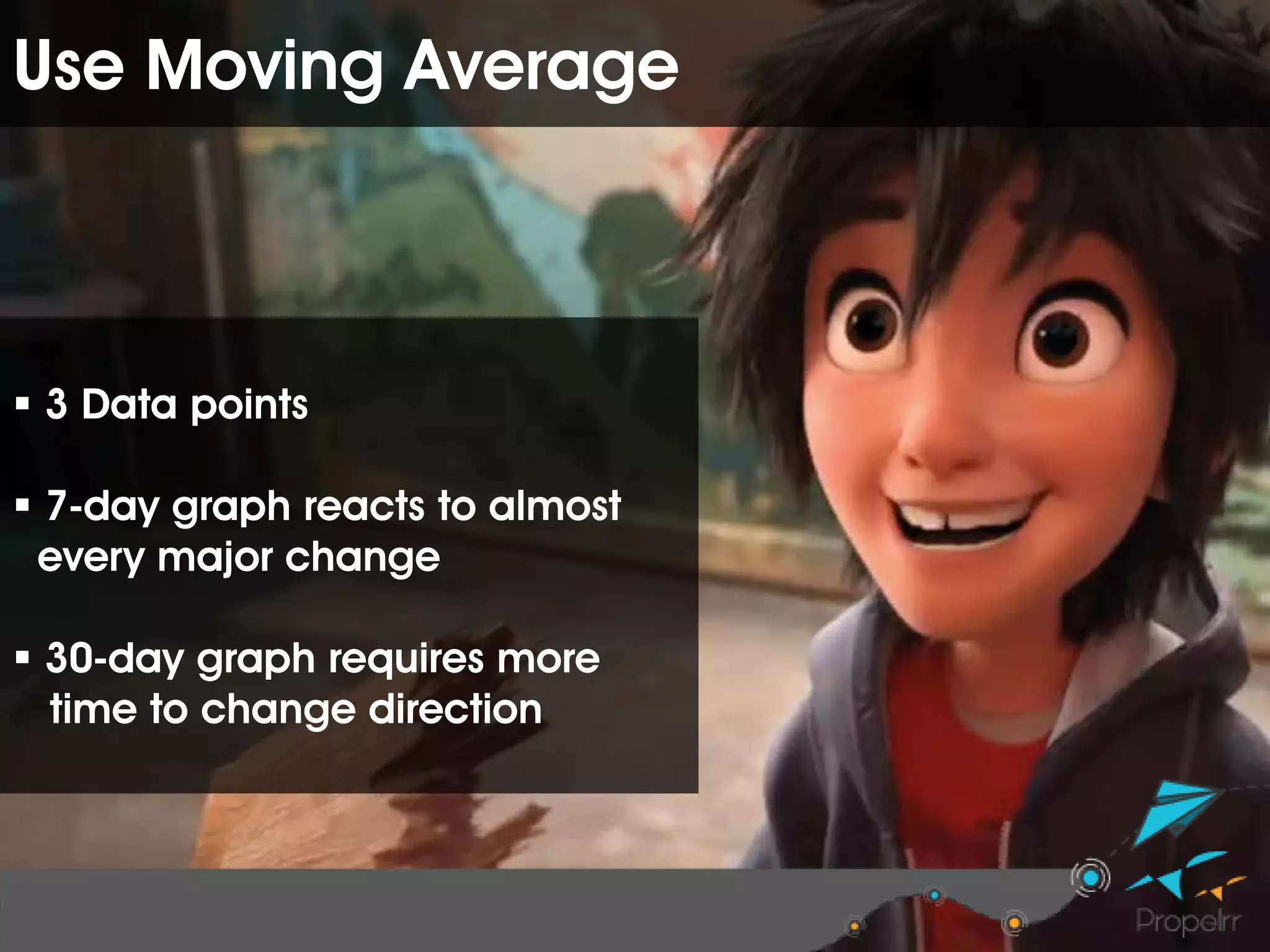 Use Moving Average
 3 Data points
 7-day graph reacts to almost
every major change
 30-day graph requires more
time to change direction
 