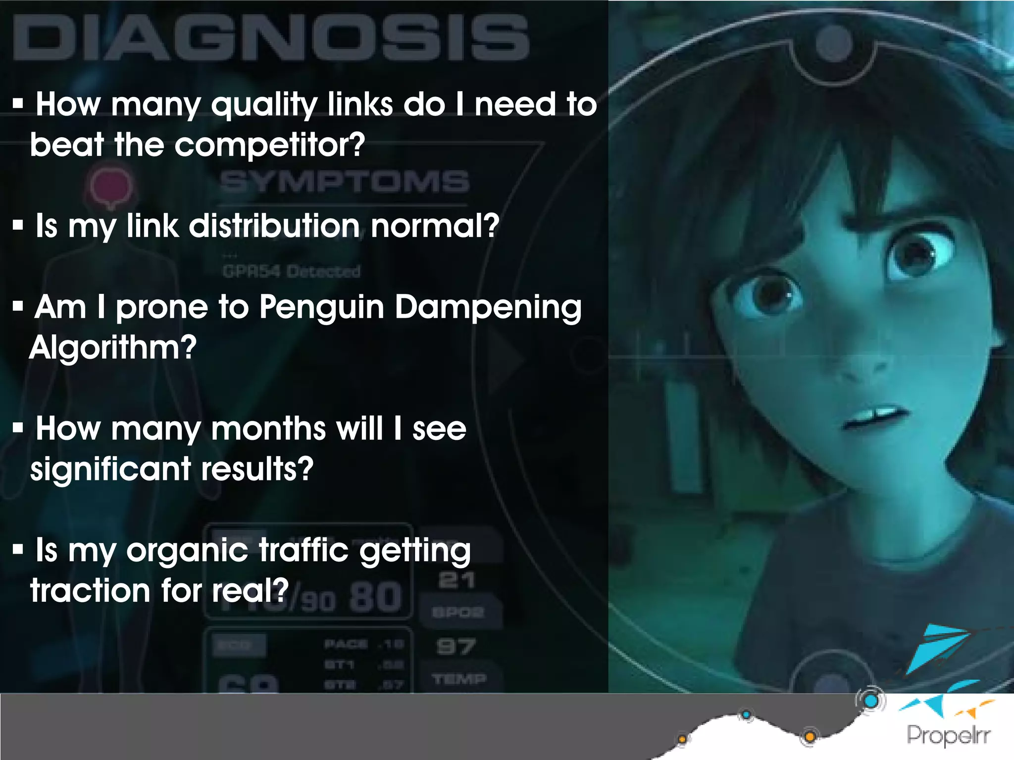  How many quality links do I need to
beat the competitor?
 Is my link distribution normal?
 Am I prone to Penguin Dampening
Algorithm?
 How many months will I see
significant results?
 Is my organic traffic getting
traction for real?
 