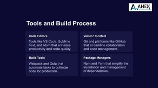 Tools and Build Process
Code Editors
Tools like VS Code, Sublime
Text, and Atom that enhance
productivity and code quality.
Version Control
Git and platforms like GitHub
that streamline collaboration
and code management.
Build Tools
Webpack and Gulp that
automate tasks to optimize
code for production.
Package Managers
Npm and Yarn that simplify the
installation and management
of dependencies.
 