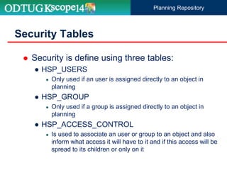  Security is define using three tables:
● HSP_USERS
● Only used if an user is assigned directly to an object in
planning
● HSP_GROUP
● Only used if a group is assigned directly to an object in
planning
● HSP_ACCESS_CONTROL
● Is used to associate an user or group to an object and also
inform what access it will have to it and if this access will be
spread to its children or only on it
Security Tables
Planning Repository
 