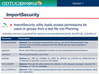  ImportSecurity utility loads access permissions for
users or groups from a text file into Planning
ImportSecurity
Parameter Description
[-f:passwordFile] Optional: If an encrypted password file is set up, use as the first parameter in the
command line to read the password from the full file path and name specified in
passwordFile.
appname Name of the Planning application to which you are importing access permissions.
username Planning administrator user name.
delimiter Optional: SL_TAB, SL_COMMA, SL_PIPE, SL_SPACE, SL_COLON, SL_SEMI-COLON. If
no delimiter is specified, comma is the default.
RUN_SILENT Optional: Execute the utility silently (the default) or with progress messages. Specify 0 for
messages, or 1 for no messages.
[SL_CLEARALL] Optional: Clear existing access permissions when importing new access permissions. Must
be in uppercase.
ImportSecurity.cmd [-f:passwordFile] “appname,username,[delimiter],[RUN_SILENT],[SL_CLEARALL]”
Solution 1
 