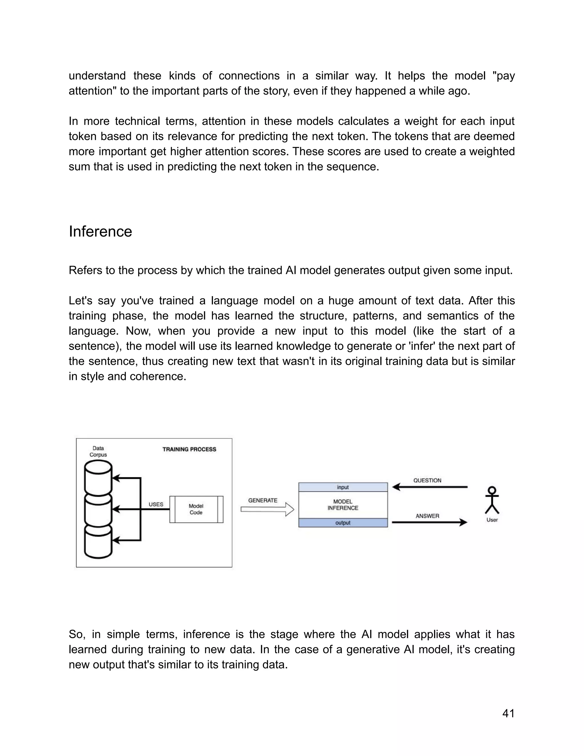 understand these kinds of connections in a similar way. It helps the model "pay
attention" to the important parts of the story, even if they happened a while ago.
In more technical terms, attention in these models calculates a weight for each input
token based on its relevance for predicting the next token. The tokens that are deemed
more important get higher attention scores. These scores are used to create a weighted
sum that is used in predicting the next token in the sequence.
Inference
Refers to the process by which the trained AI model generates output given some input.
Let's say you've trained a language model on a huge amount of text data. After this
training phase, the model has learned the structure, patterns, and semantics of the
language. Now, when you provide a new input to this model (like the start of a
sentence), the model will use its learned knowledge to generate or 'infer' the next part of
the sentence, thus creating new text that wasn't in its original training data but is similar
in style and coherence.
So, in simple terms, inference is the stage where the AI model applies what it has
learned during training to new data. In the case of a generative AI model, it's creating
new output that's similar to its training data.
41
 