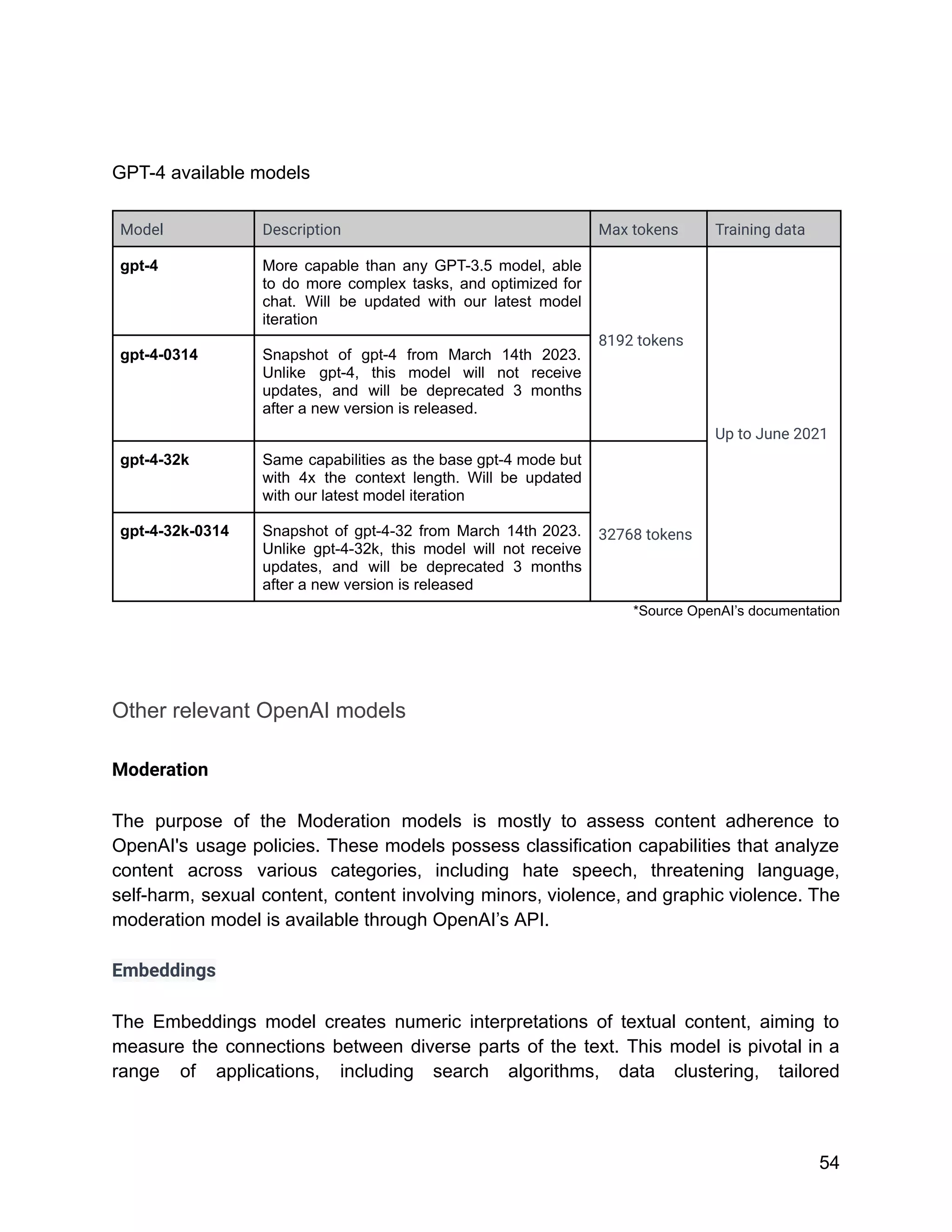 GPT-4 available models
Model Description Max tokens Training data
gpt-4 More capable than any GPT-3.5 model, able
to do more complex tasks, and optimized for
chat. Will be updated with our latest model
iteration
8192 tokens
Up to June 2021
gpt-4-0314 Snapshot of gpt-4 from March 14th 2023.
Unlike gpt-4, this model will not receive
updates, and will be deprecated 3 months
after a new version is released.
gpt-4-32k Same capabilities as the base gpt-4 mode but
with 4x the context length. Will be updated
with our latest model iteration
32768 tokens
gpt-4-32k-0314 Snapshot of gpt-4-32 from March 14th 2023.
Unlike gpt-4-32k, this model will not receive
updates, and will be deprecated 3 months
after a new version is released
*Source OpenAI’s documentation
Other relevant OpenAI models
Moderation
The purpose of the Moderation models is mostly to assess content adherence to
OpenAI's usage policies. These models possess classification capabilities that analyze
content across various categories, including hate speech, threatening language,
self-harm, sexual content, content involving minors, violence, and graphic violence. The
moderation model is available through OpenAI’s API.
Embeddings
The Embeddings model creates numeric interpretations of textual content, aiming to
measure the connections between diverse parts of the text. This model is pivotal in a
range of applications, including search algorithms, data clustering, tailored
54
 