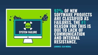 92% OF NEW
SOFTWARE PROJECTS
ARE CLASSIFIED AS
FAILURES. THE #1
REASON FOR THIS IS
DUE TO LACK OF
COMMUNICATION
AND INTERNAL
RESISTANCE.
(SOURCE: CLO MEDIA)
 