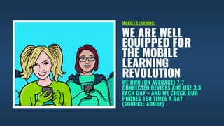 WE OWN (ON AVERAGE) 7.7
CONNECTED DEVICES AND USE 3.3
EACH DAY – AND WE CHECK OUR
PHONES 150 TIMES A DAY
(SOURCE: ADOBE)
WE ARE WELL
EQUIPPED FOR
THE MOBILE
LEARNING
REVOLUTION
MOBILE LEARNING:
 
