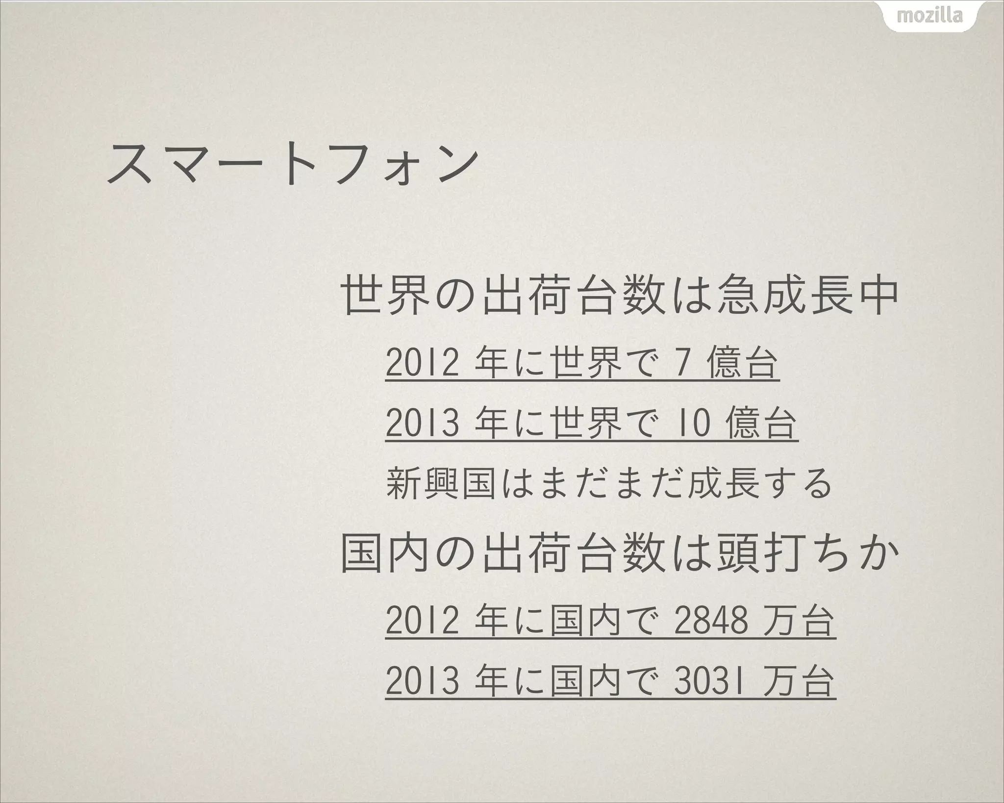 スマートフォン
世界の出荷台数は急成長中
2012 年に世界で 7 億台
2013 年に世界で 10 億台
新興国はまだまだ成長する
国内の出荷台数は頭打ちか
2012 年に国内で 2848 万台
2013 年に国内で 3031 万台
 