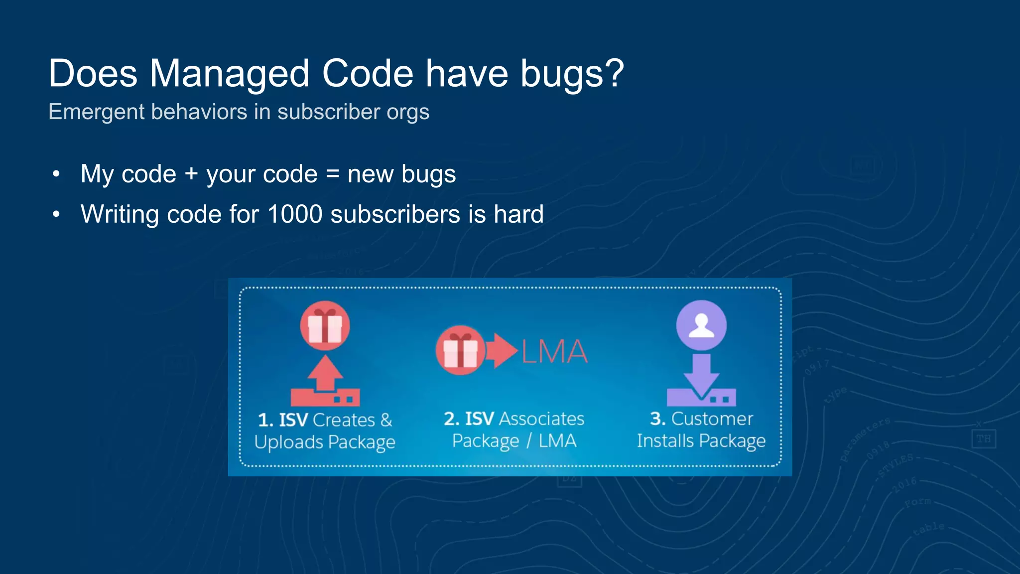 Does Managed Code have bugs?
• My code + your code = new bugs
• Writing code for 1000 subscribers is hard
Emergent behaviors in subscriber orgs
 
