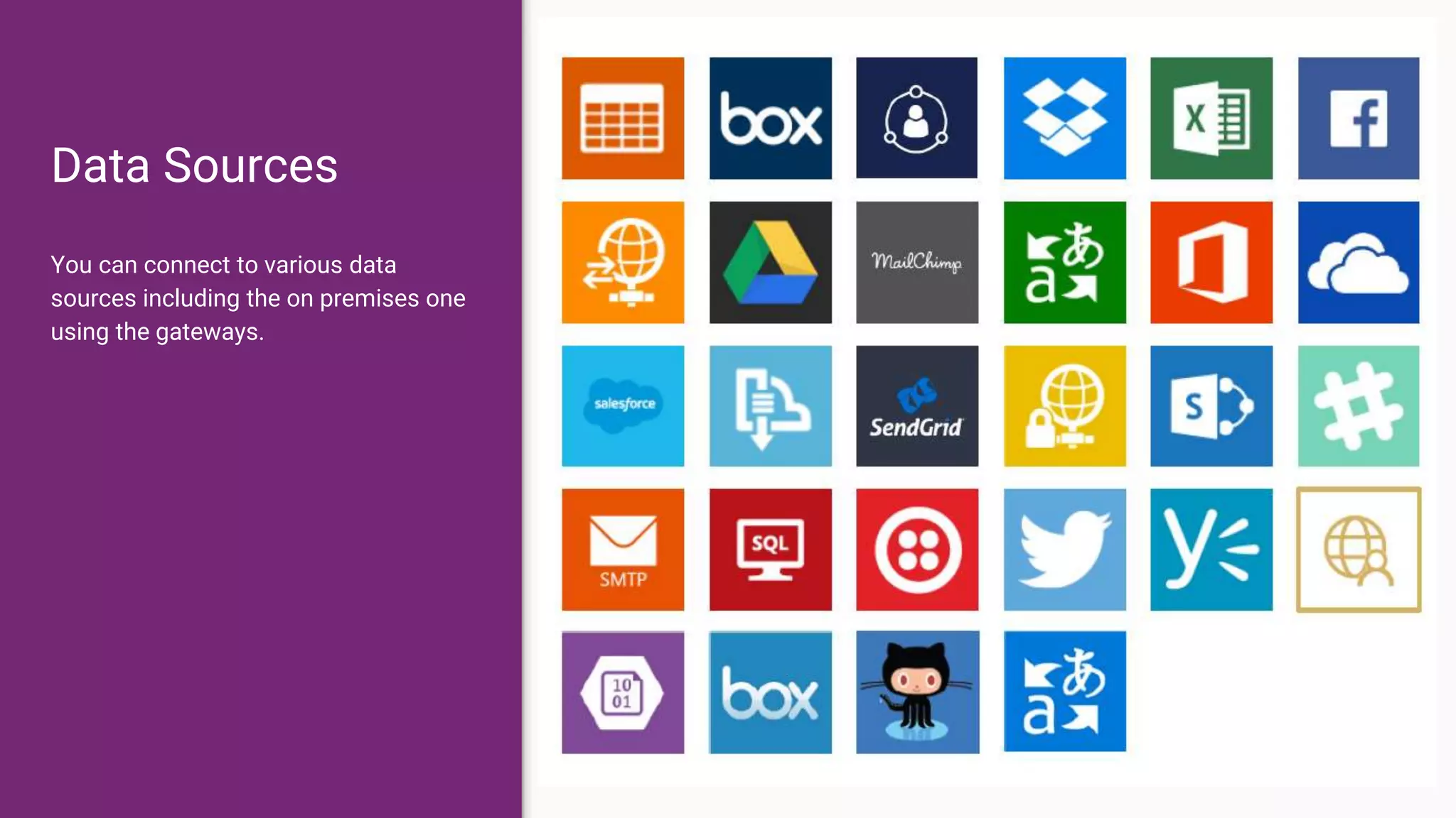 Data Sources
You can connect to various data
sources including the on premises one
using the gateways.