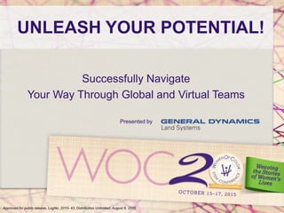 UNLEASH YOUR POTENTIAL!
Successfully Navigate
Your Way Through Global and Virtual Teams
Presented by
Approved for public release, LogNo. 2015- 43, Distribution Unlimited, August 6, 2015.
 