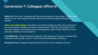 Click to edit Master title style
13
Cornerstone 7: Colleagues Affirm It!
13
•What it is: When your colleagues and teammates accept the new system, it helps others
believe in it too. Peer support provides reassurance and encourages widespread
adoption.
•How a Consultant Helps: Consultants can devise strategies to foster "peer champions"
who model positive adoption and share success stories. They help create platforms for
inter-team dialogue and problem-solving, leveraging the power of peer influence to build
collective confidence and acceptance.
•Tools/Methods: Change Champion Networks, Peer Mentoring Programs, Success Story
Collections (case studies, videos), Cross-Functional Collaboration Initiatives.
•Example Forms: Change Champion Nomination Form, Peer Feedback Surveys.
 
