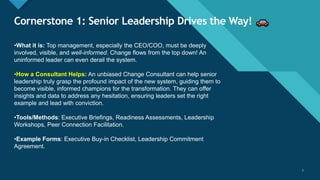 Click to edit Master title style
7
Cornerstone 1: Senior Leadership Drives the Way!
7
•What it is: Top management, especially the CEO/COO, must be deeply
involved, visible, and well-informed. Change flows from the top down! An
uninformed leader can even derail the system.
•How a Consultant Helps: An unbiased Change Consultant can help senior
leadership truly grasp the profound impact of the new system, guiding them to
become visible, informed champions for the transformation. They can offer
insights and data to address any hesitation, ensuring leaders set the right
example and lead with conviction.
•Tools/Methods: Executive Briefings, Readiness Assessments, Leadership
Workshops, Peer Connection Facilitation.
•Example Forms: Executive Buy-in Checklist, Leadership Commitment
Agreement.
 