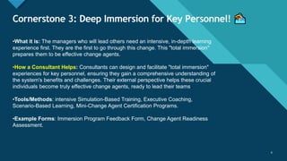 Click to edit Master title style
9
Cornerstone 3: Deep Immersion for Key Personnel!
9
•What it is: The managers who will lead others need an intensive, in-depth learning
experience first. They are the first to go through this change. This "total immersion"
prepares them to be effective change agents.
•How a Consultant Helps: Consultants can design and facilitate "total immersion"
experiences for key personnel, ensuring they gain a comprehensive understanding of
the system's benefits and challenges. Their external perspective helps these crucial
individuals become truly effective change agents, ready to lead their teams..
•Tools/Methods: intensive Simulation-Based Training, Executive Coaching,
Scenario-Based Learning, Mini-Change Agent Certification Programs.
•Example Forms: Immersion Program Feedback Form, Change Agent Readiness
Assessment.
 