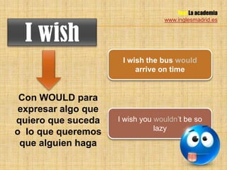 Yes! La academia
                                  www.inglesmadrid.es


  I wish
                      I wish the bus would
                          arrive on time


 Con WOULD para
 expresar algo que
quiero que suceda    I wish you wouldn’t be so
                                lazy
o lo que queremos
 que alguien haga
 