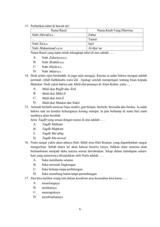 6
13. Perhatikan tabel di bawah ini!
Nama Rasul Nama Kitab Yang Diterima
Nabi Da>wu>d a.s. Zabur
… Taurat
Nabi I<sa> a.s. Injil
Nabi Muh}ammad s.a.w. Al-Qur`an
Nama Rasul yang tepat untuk mlengkapi tabel di atas adalah … .
A. Nabi Zakariyya a.s.
B. Nabi Ibra>hi>m a.s.
C. Nabi Ha>ru>n a.s.
D. Nabi Mu>sa> a.s.
14. Dodi selalu rajin beribadah. Ia juga rajin mengaji. Karena ia sadar bahwa mengaji adalah
perintah Alla>h Subh}a>nahu wata’a>la> . Apalagi setelah mempelajari tentang Iman kepada
Malaikat. Dodi yakin bahwa ada Mala>-ikat penanya di Alam Kubur, yaitu … .
A. Mala>-ikat Raqi>b dan A<tid
B. Mala>-ikat Mi>ka>-i>l
C. Mala>-ikat Izra>-i>l
D. Mala>-ikat Munkar dan Nakir
15. Aminah berlatih mencuci baju sendiri, giat belajar, berlatih, berusaha dan berdoa. Ia sadar
bahwa saat ini kondisi keluarganya kurang mampu. Ia pun berharap di suatu hari nanti
nasibnya akan berubah.
Jenis Taqdi>r yang sesuai dengan narasi di atas adalah … .
A. Taqdi>r Mubram
B. Taqdi>r Muh}kam
C. Taqdi>r Mu’allaq
D. Taqdi>r Mu-awwal
16. Naila sangat yakin akan adanya Hari Akhir atau Hari Kiamat, yang digambarkan sangat
mengerikan. Sebab dunia ini akan hancur beserta isinya, bahkan alam semesta akan
berhamburan menjadi debu karena semua bertabrakan. Sikap dalam kehidupan sehari-
hari yang semestinya ditunjukkan oleh Naila adalah … .
A. Suka membantu sesama
B. Suka merusak lingkungan
C. Suka belanja tanpa perhitungan
D. Suka menebang hutan tanpa pertimbangan
17. Jika kita melihat orang lain dalam kesulitan atau kesusahan kita harus … .
A. menolongnya
B. melihatnya
C. menengoknya
D. membiarkannya
 
