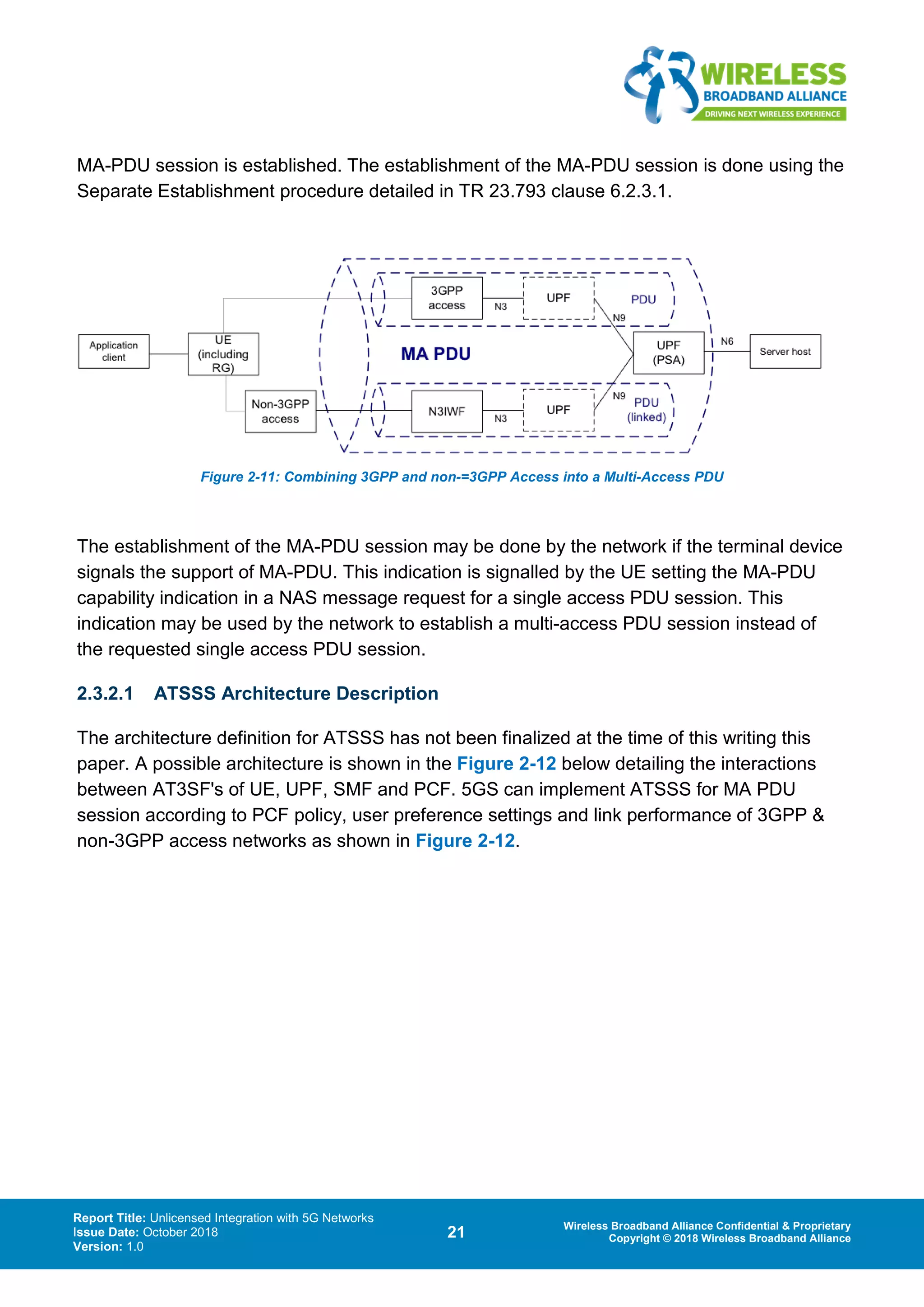Report Title: Unlicensed Integration with 5G Networks
Issue Date: October 2018
Version: 1.0
21 Wireless Broadband Alliance Confidential & Proprietary
Copyright © 2018 Wireless Broadband Alliance
MA-PDU session is established. The establishment of the MA-PDU session is done using the
Separate Establishment procedure detailed in TR 23.793 clause 6.2.3.1.
Figure 2-11: Combining 3GPP and non-=3GPP Access into a Multi-Access PDU
The establishment of the MA-PDU session may be done by the network if the terminal device
signals the support of MA-PDU. This indication is signalled by the UE setting the MA-PDU
capability indication in a NAS message request for a single access PDU session. This
indication may be used by the network to establish a multi-access PDU session instead of
the requested single access PDU session.
2.3.2.1 ATSSS Architecture Description
The architecture definition for ATSSS has not been finalized at the time of this writing this
paper. A possible architecture is shown in the Figure 2-12 below detailing the interactions
between AT3SF's of UE, UPF, SMF and PCF. 5GS can implement ATSSS for MA PDU
session according to PCF policy, user preference settings and link performance of 3GPP &
non-3GPP access networks as shown in Figure 2-12.
 