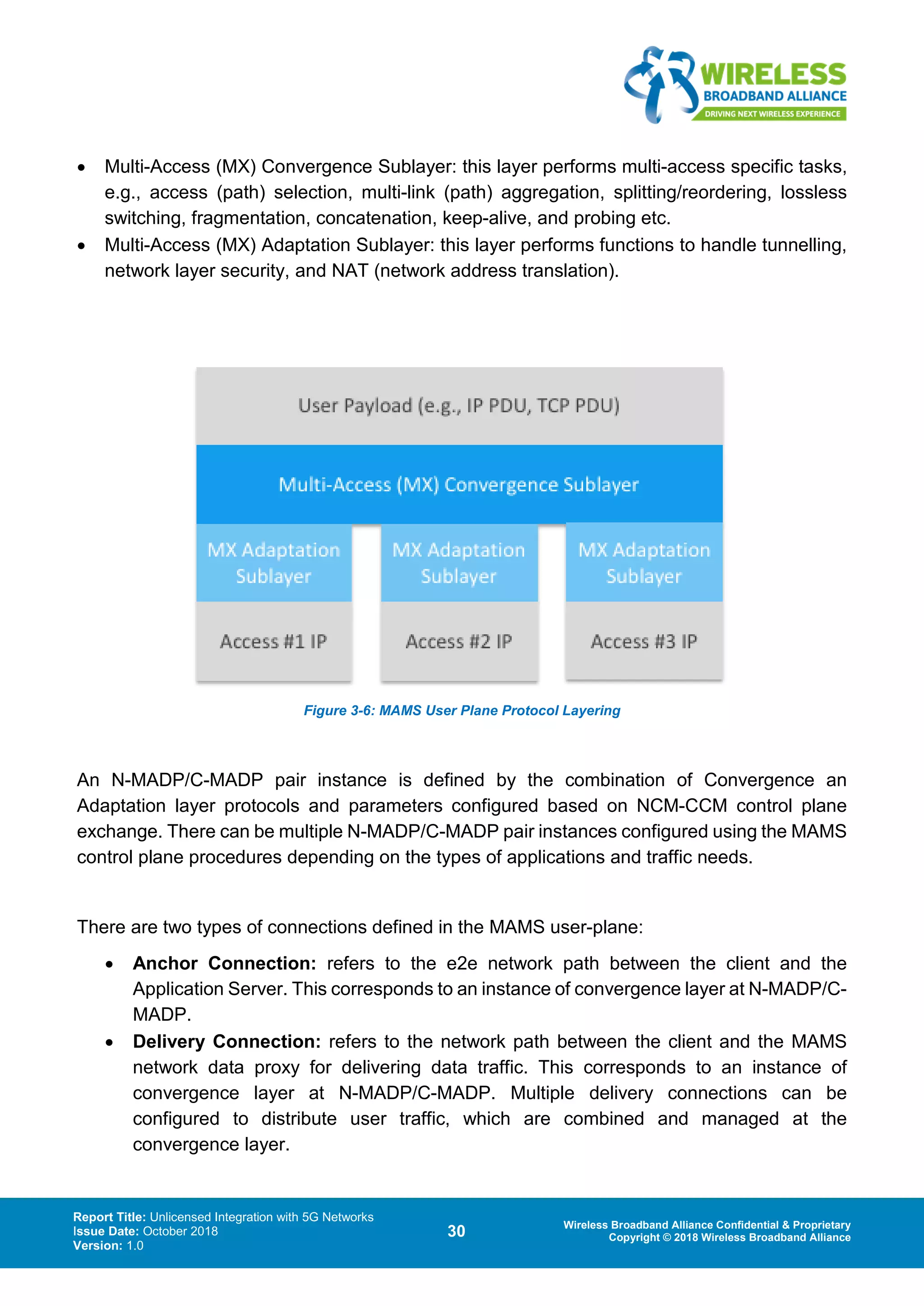 Report Title: Unlicensed Integration with 5G Networks
Issue Date: October 2018
Version: 1.0
30 Wireless Broadband Alliance Confidential & Proprietary
Copyright © 2018 Wireless Broadband Alliance
• Multi-Access (MX) Convergence Sublayer: this layer performs multi-access specific tasks,
e.g., access (path) selection, multi-link (path) aggregation, splitting/reordering, lossless
switching, fragmentation, concatenation, keep-alive, and probing etc.
• Multi-Access (MX) Adaptation Sublayer: this layer performs functions to handle tunnelling,
network layer security, and NAT (network address translation).
Figure 3-6: MAMS User Plane Protocol Layering
An N-MADP/C-MADP pair instance is defined by the combination of Convergence an
Adaptation layer protocols and parameters configured based on NCM-CCM control plane
exchange. There can be multiple N-MADP/C-MADP pair instances configured using the MAMS
control plane procedures depending on the types of applications and traffic needs.
There are two types of connections defined in the MAMS user-plane:
• Anchor Connection: refers to the e2e network path between the client and the
Application Server. This corresponds to an instance of convergence layer at N-MADP/C-
MADP.
• Delivery Connection: refers to the network path between the client and the MAMS
network data proxy for delivering data traffic. This corresponds to an instance of
convergence layer at N-MADP/C-MADP. Multiple delivery connections can be
configured to distribute user traffic, which are combined and managed at the
convergence layer.
 