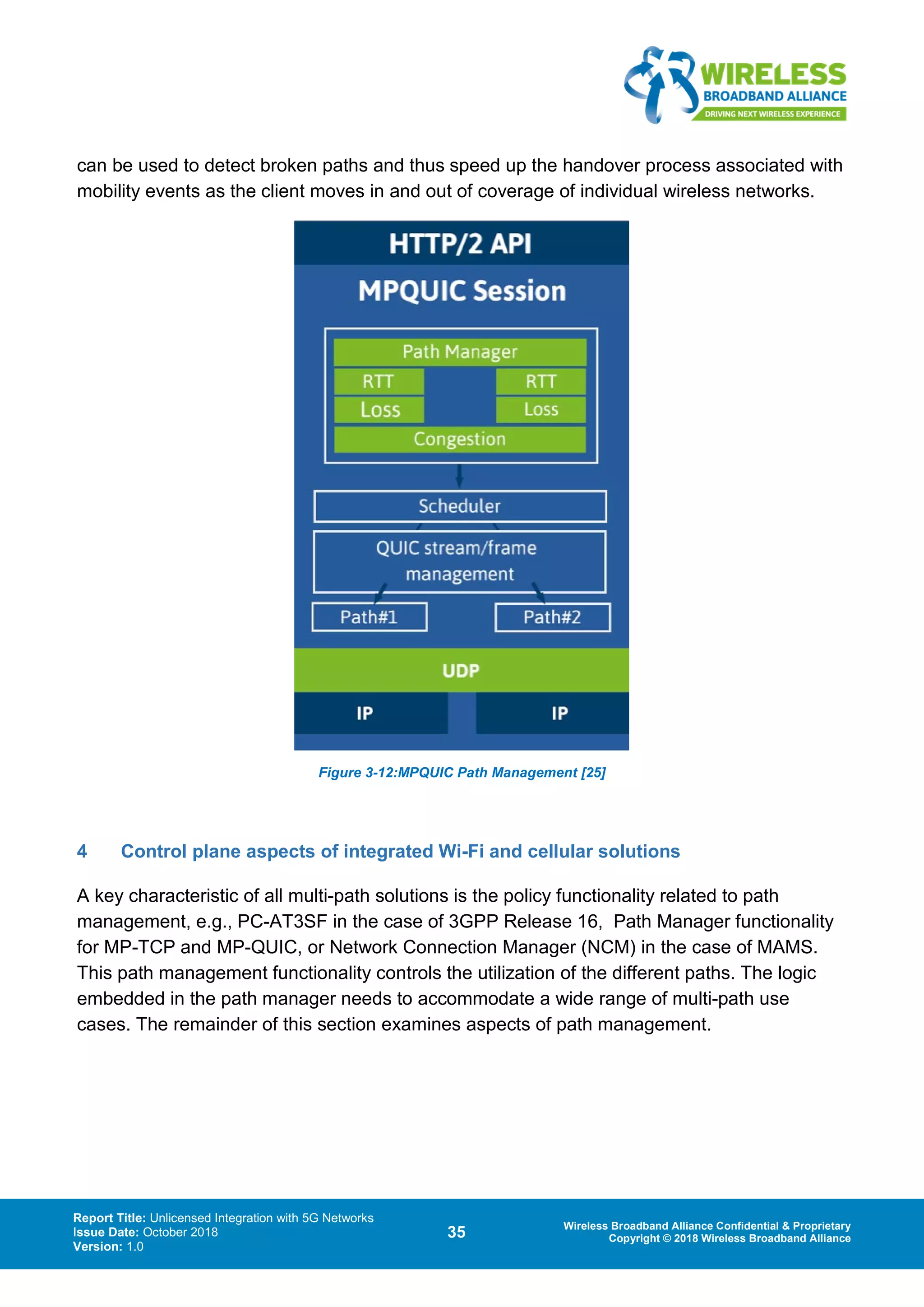 Report Title: Unlicensed Integration with 5G Networks
Issue Date: October 2018
Version: 1.0
35 Wireless Broadband Alliance Confidential & Proprietary
Copyright © 2018 Wireless Broadband Alliance
can be used to detect broken paths and thus speed up the handover process associated with
mobility events as the client moves in and out of coverage of individual wireless networks.
Figure 3-12:MPQUIC Path Management [25]
4 Control plane aspects of integrated Wi-Fi and cellular solutions
A key characteristic of all multi-path solutions is the policy functionality related to path
management, e.g., PC-AT3SF in the case of 3GPP Release 16, Path Manager functionality
for MP-TCP and MP-QUIC, or Network Connection Manager (NCM) in the case of MAMS.
This path management functionality controls the utilization of the different paths. The logic
embedded in the path manager needs to accommodate a wide range of multi-path use
cases. The remainder of this section examines aspects of path management.
 