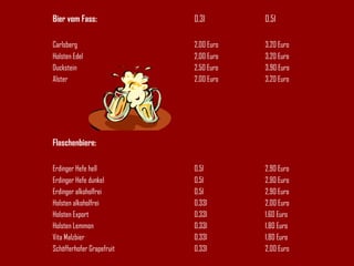 Bier vom Fass: 0,3l 0,5l Carlsberg 2,00 Euro 3,20 Euro Holsten Edel 2,00 Euro 3,20 Euro Duckstein 2,50 Euro 3,90 Euro Alster 2,00 Euro 3,20 Euro Flaschenbiere: Erdinger Hefe hell 0,5l 2,90 Euro Erdinger Hefe dunkel 0,5l 2,90 Euro Erdinger alkoholfrei 0,5l 2,90 Euro Holsten alkoholfrei 0,33l 2,00 Euro Holsten Export 0,33l 1,60 Euro Holsten Lemmon 0,33l 1,80 Euro Vita Malzbier 0,33l 1,80 Euro Schöfferhofer Grapefruit 0,33l 2,00 Euro 