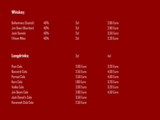 Whiskey: Ballantines (Scotch) 40% 2cl 2,80 Euro Jim Bean (Bourbon) 40% 2cl 2,80 Euro Jack Daniels 40% 2cl 3,50 Euro Fifteen Miles 40% 2cl 2,20 Euro Longdrinks: 2cl 4cl Rum Cola 2,00 Euro 3,20 Euro Baccardi Cola 2,50 Euro 4,00 Euro Pernod Cola 2,50 Euro 4,00 Euro Korn Cola 1,80 Euro 3,20 Euro Vodka Cola 2,00 Euro 3,20 Euro Jim Beam Cola 2,80 Euro 4,50 Euro Jack Daniel's Cola 3,50 Euro Havannah Club Cola 2,50 Euro 